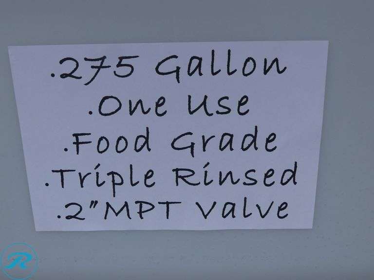 275 Gallon Plastic Tote With Enclosure, One Use, Triple Rinsed, Food Grade, 2" MPT Valve, Forklift Pockets - Roller Auctions