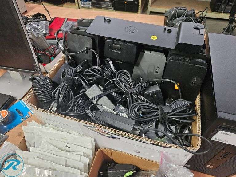 Box Lot of HP Desktop Computer, Power Adapters, and Assorted ...