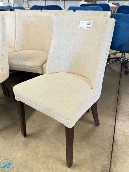 (8) Upholstered Dining Chairs With Light Patterned Fabric and Wooden Legs