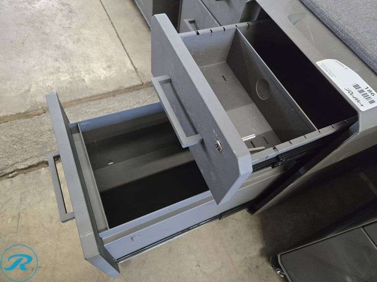 (4) Vari Metal Rolling File Cabinet with Cushioned Top and Two Drawers - Roller Auctions