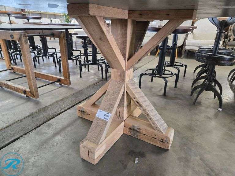 Round Dining Table with Patterned Top and Wooden Trestle Base, 60 Inches in Diameter - Roller Auctions