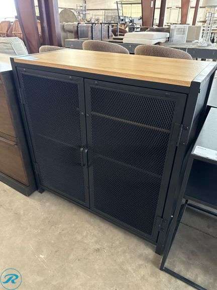 Metal Cabinet with Wooden Top and Mesh Doors, 31 in x 16 in
