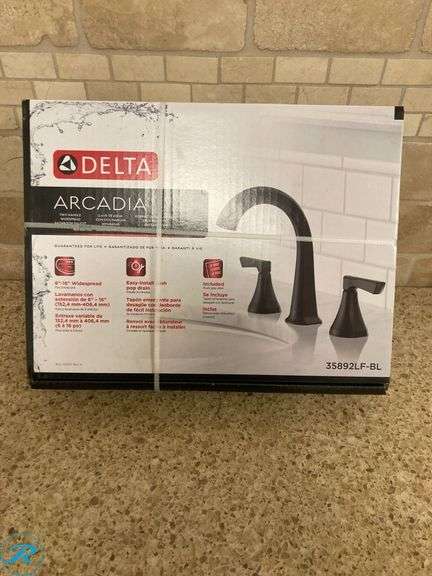 (1) New- Delta Arcadia Matte Black Widespread 2-handle WaterSense Mid-arc Residential Handle Bathroom Sink Faucet with Drain (Total of 1 Faucet) - Roller Auctions