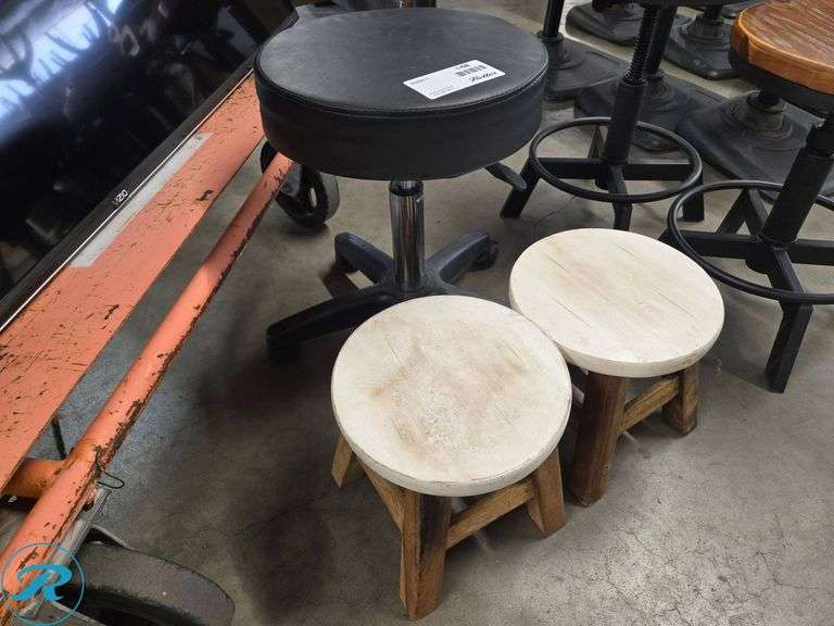 Two Wooden Stools and Adjustable Height Stool