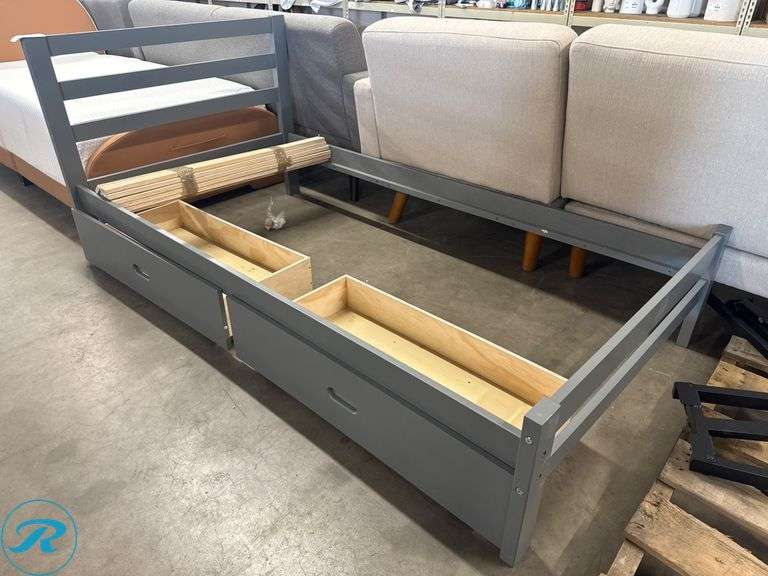 Gray Wooden Bed Frame with Built-In Storage Drawers, 80 in x 42 in