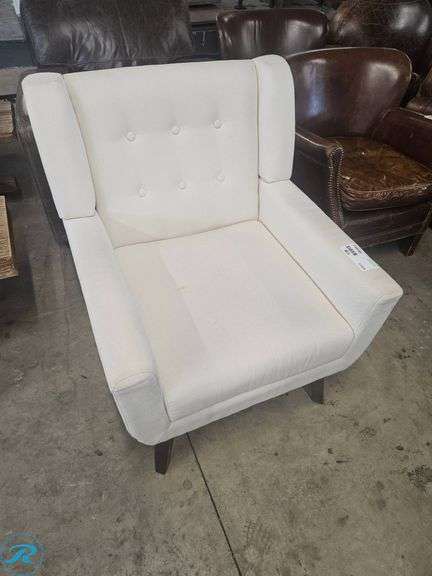 Upholstered Armchair with Button-Tufted Backrest and Wooden Legs