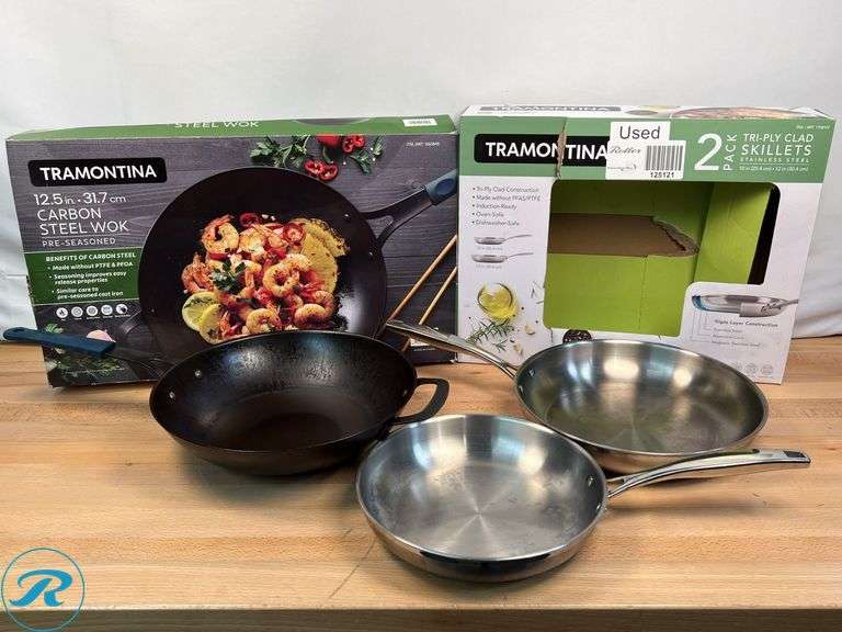 Tramontina 12.5" Carbon Steel Wok and 2-Piece Tri-Ply Clad Stainless Steel Skillets - Used - Roller Auctions