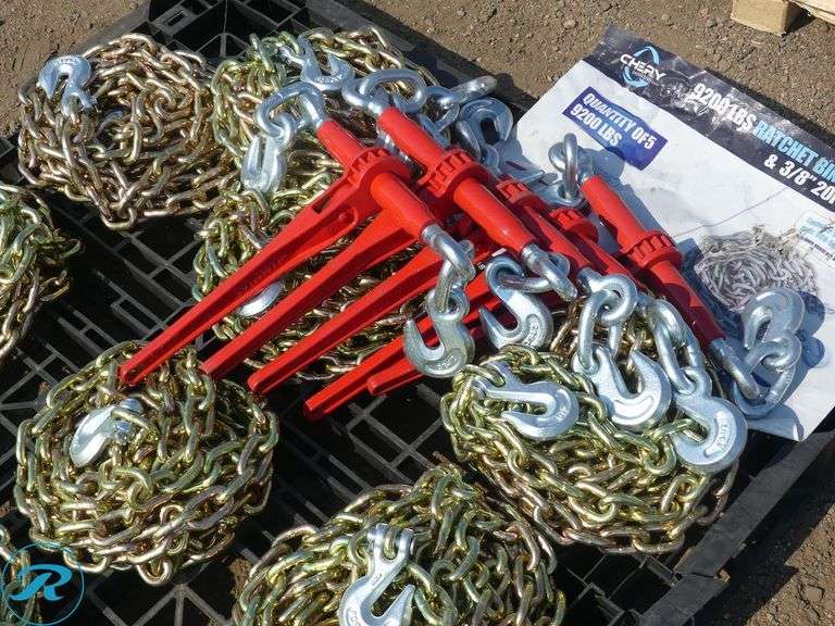 Pallet of (5) New Greatbear 9200LBS Ratchet  Binders and (10) New 3/8" 20FT G70 Chains - Roller Auctions