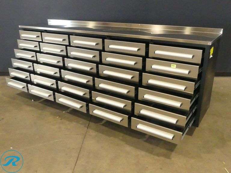 New Chery Industrial 30-Drawer Workbench, Stainless Steel, 10' - Roller Auctions