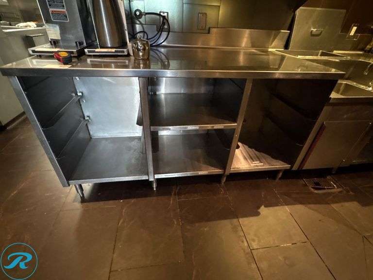 Stainless Steel Service Station With Shelves, Tray Slides, Sink, And Drain Well, 109” x 33” x 36”H - Roller Auctions