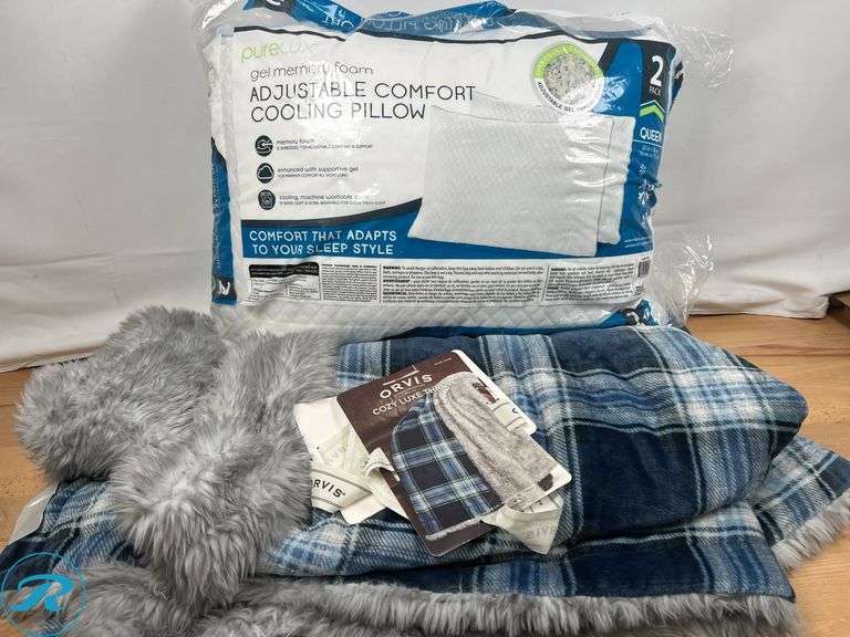 Orvis: Cozy Luxe Throw- New; pureLux: Gel memory foam Cooling Pillow, Queen- New - Roller Auctions