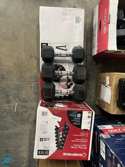 Inspire Fitness 210 lb. Rubber Hex Dumbbell Set with Rack - New - Missing 1 x 15lb Dumbbell, 25lb Chunk Missing - Roller Auctions