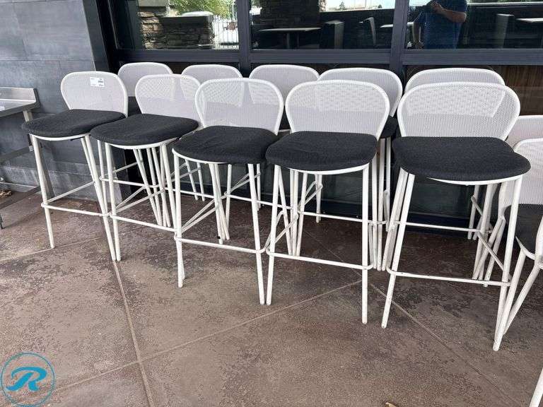 (10) White Metal Bar Stools with Black Cushions - Roller Auctions