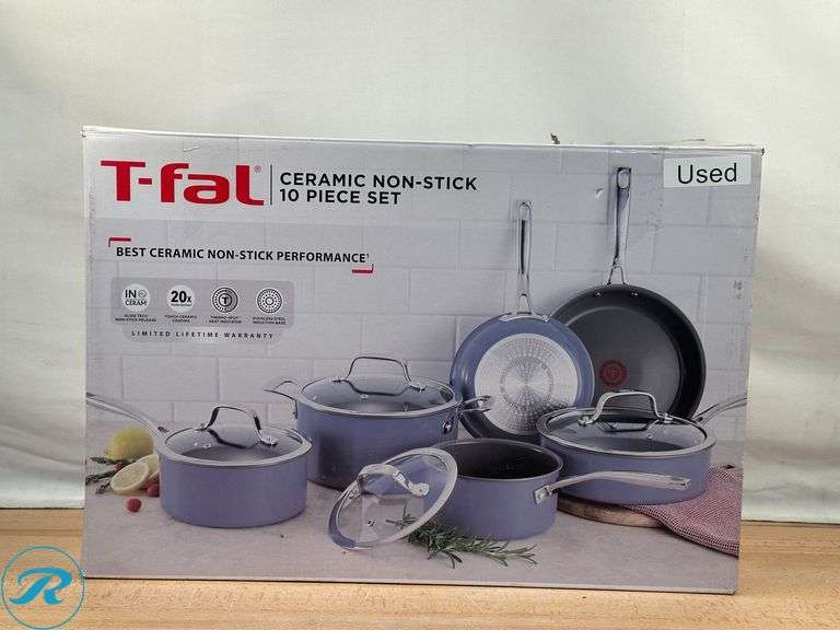 T-fal Excellence Ceramic Non-Stick Cookware Set, 10-piece, Blue- Used - Roller Auctions