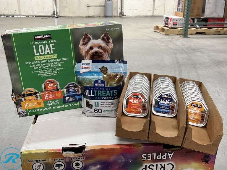 Kirkland Signature Pate Wet Dog Food Variety Pack, 3.5 oz, 45-count- New; Kirkland Signature Pate Wet Dog Food Variety Pack, 3.5 oz, 45-count- New/ Missing 22 units ; Vet Works Pill Treats, 120 Soft Chews- New - Roller Auctions