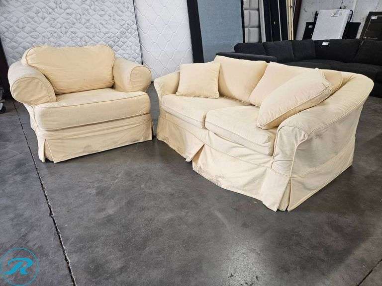 Two-Piece Sofa and Armchair Set with Yellow Fabric Slipcovers