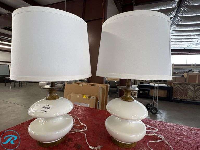 (2) White Table Lamps with Tiered Ceramic Bases and Fabric Shades