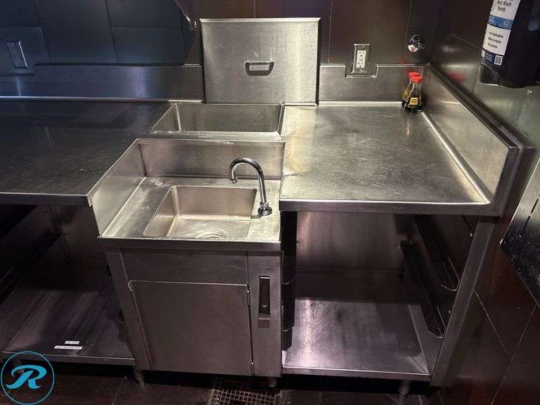 Stainless Steel Service Station With Shelves, Tray Slides, Sink, And Drain Well, 109” x 33” x 36”H - Roller Auctions