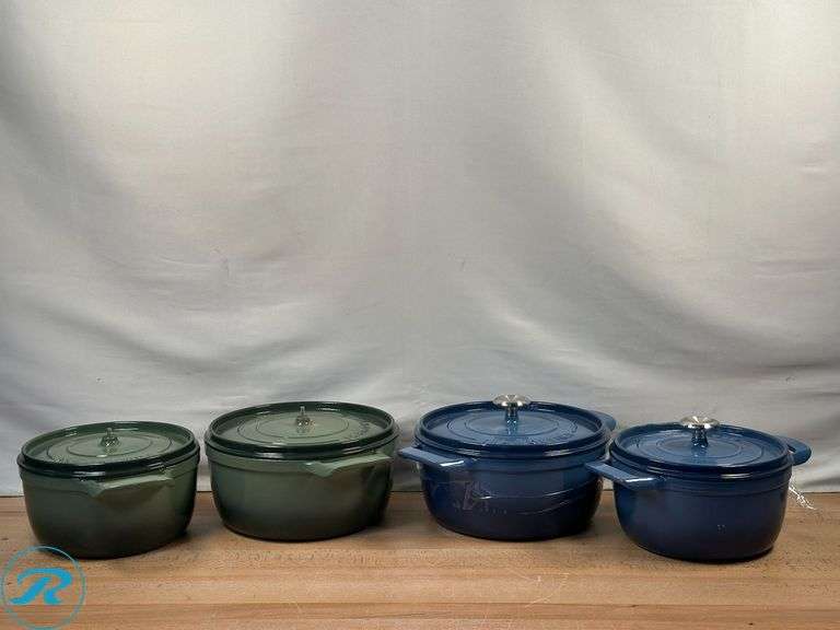 (2) Tramontina 4-quart & 6-quart Enameled Cast Iron Round Dutch Oven, 2-pack- (1) Green- Chipped/ Missing Knobs, (1) Blue- Chipped- Like New - Roller Auctions