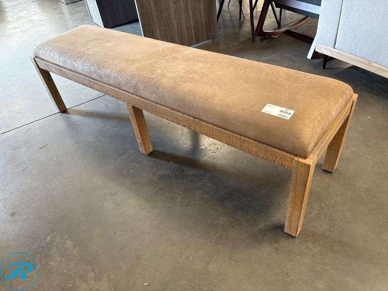 Upholstered Wood Bench with Tan Suede-Like Cushion