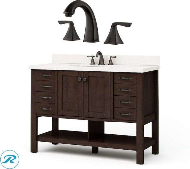 (1) Display Model- allen + roth Kingscote 48-in Espresso Undermount Single Sink Bathroom Vanity with White Engineered Stone Top with Pfister Selia Bathroom Sink Faucet, 8-Inch Widespread, 2-Handle, 3-Hole, Tuscan Bronze Finish (Total of 1 vanity with top and faucet) (Some scratches and top is cracked on side See photos)