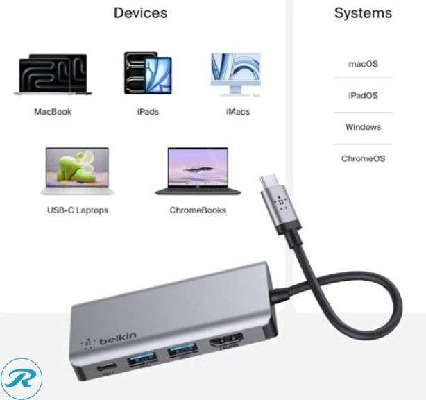 (2) Belkin - USB-C Hub 4-in-1 Multi-Port Laptop Dock with 4K HDMI, Adapter with 100W Power Delivery - for Mac, PC, and More , Gray - Like New - Roller Auctions