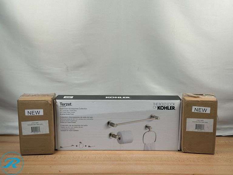 Kohler: Terzet 3-piece Bath Accessory Set- New; Stone Base Mini Table Lamp- New - Roller Auctions