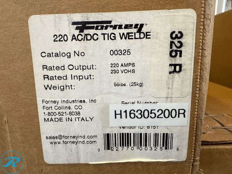 Forney 220 AC/DC TIG Welder, Model 325R, 230V, 220 Amps - Roller Auctions