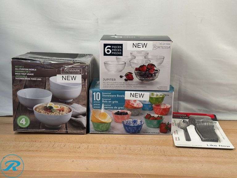 Denmark: Set of 4 All-Purpose Bowls- New; Fortessa: Jupiter 6 Piece Clear Bowls- New; Botanical Stoneware Bowls- New; Tramontina: PRO Line Commercial Grade 36 Piece Spoons- Like New - Roller Auctions