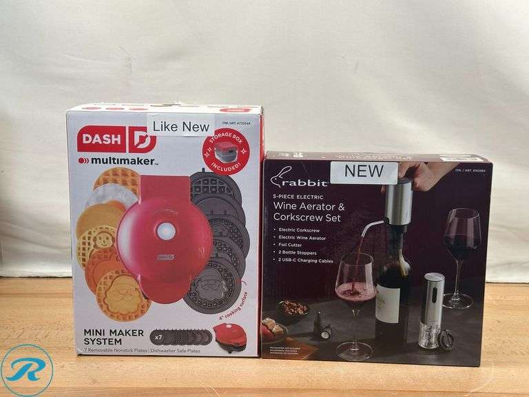 Dash MultiMaker Mini Waffle Maker System with 6 Removeable Holiday Plates Red- Like New; Rabbit 5 Piece Electric Wine Aerator & Corkscrew Set- New - Roller Auctions