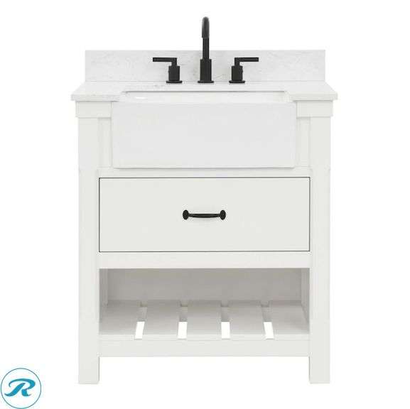 (1) Display Model- allen + roth Briar 30-in Carrara White Farmhouse Single Sink Bathroom Vanity with White Engineered Marble Top (total of 1 vanity with top) (Some minor scratches on top has 2 cracks See Photos)