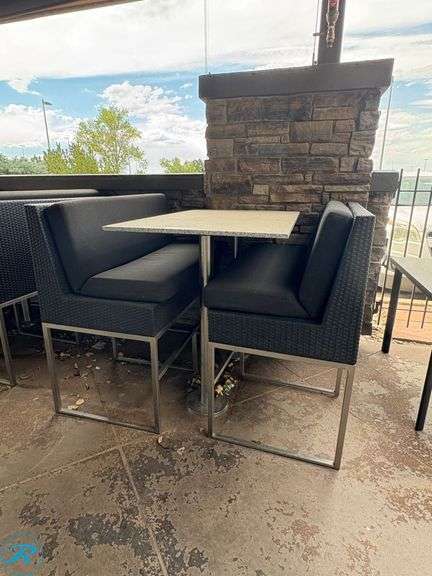 Bar Height Outdoor Dining Set with Wicker Benches and Stone Tabletop, 50” x 32” - Roller Auctions