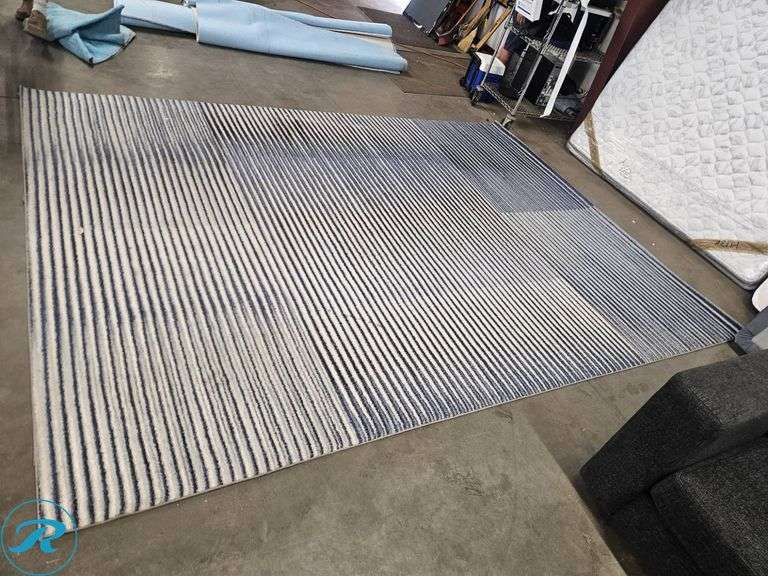 Striped Rug with Blue and White Pattern, 105 x 143 Inches (Stains)