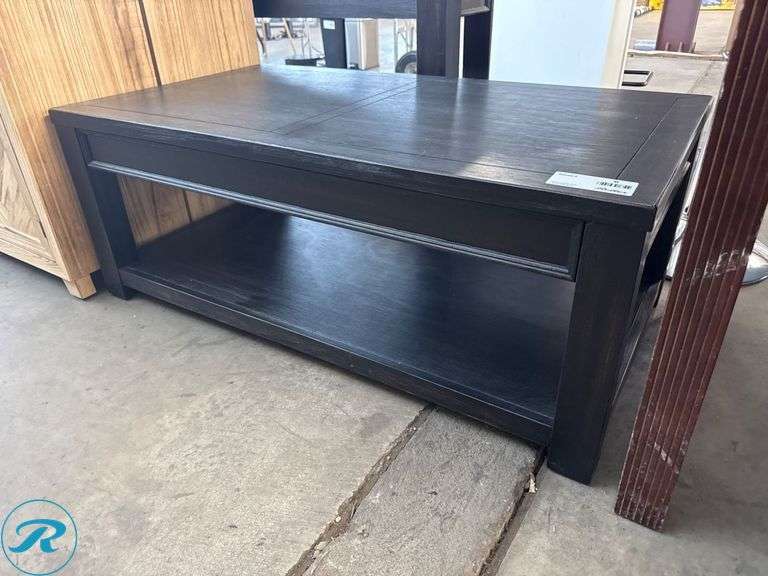 Wood Coffee Table with Storage Shelf, Finished in Dark Stain, 48 in x 26 in