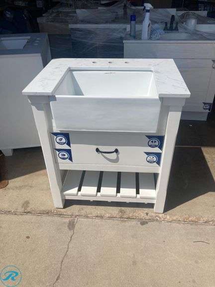 (1) Display Model- allen + roth Briar 30-in Carrara White Farmhouse Single Sink Bathroom Vanity with White Engineered Marble Top (total of 1 vanity with top) (Some minor scratches on top has 2 cracks See Photos) - Roller Auctions