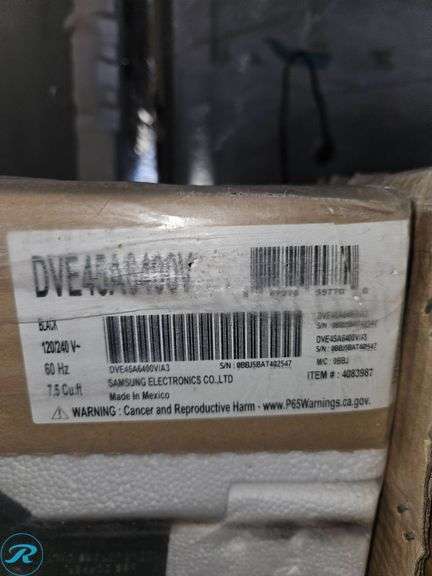 Samsung DVE45A6400V Electric Dryer, 7.5 Cu. Ft., 120/240V, 60 Hz - Roller Auctions