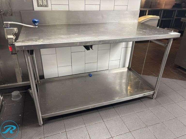 Stainless Steel Work Table with 6” Backsplash, Edlund #1 Can Opener on Casters, 60” x 30” x 35”H - Roller Auctions