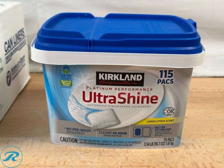 High-Density Commercial Can Liners, 56 gal, 22 microns - New/ Open Box; Kirkland Signature Platinum Performance UltraShine Dishwasher Detergent Pacs, 115-count- New/ Some Missing - Roller Auctions