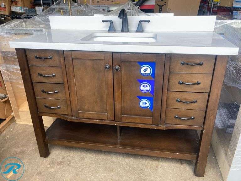 (1) Display Model- allen + roth Kingscote 48-in Espresso Undermount Single Sink Bathroom Vanity with White Engineered Stone Top with Pfister Selia Bathroom Sink Faucet, 8-Inch Widespread, 2-Handle, 3-Hole, Tuscan Bronze Finish (Total of 1 vanity with top and faucet) (Some scratches and top is cracked on side See photos) - Roller Auctions