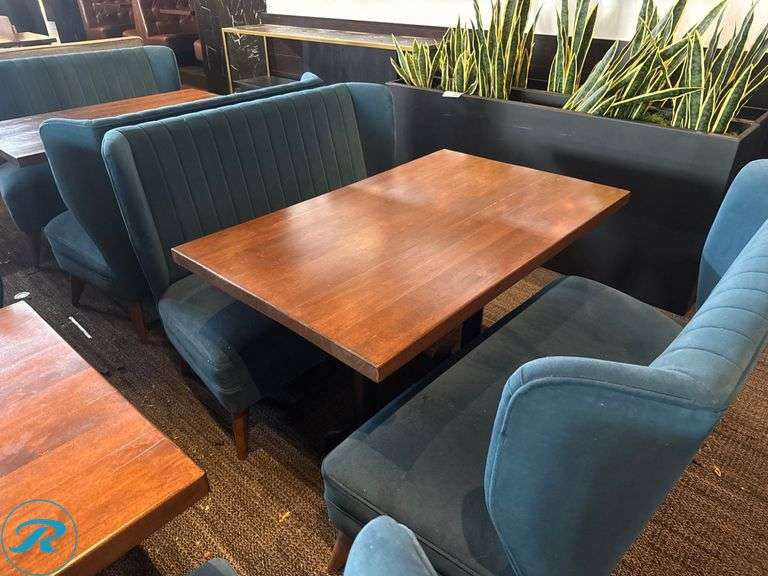 Dining Seating Package; (8) 46in Benches and (4) 48in x 30in Tables with Wood Tops and Upholstered Seats - Roller Auctions
