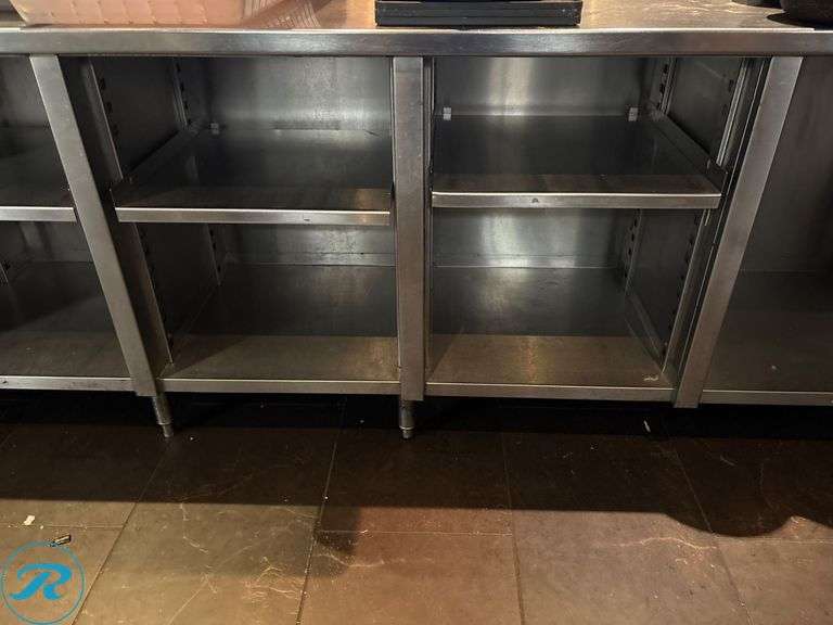 Stainless Steel Workstation with Open Shelves and Drawers, 151″ x 24″ x 36″H - Roller Auctions