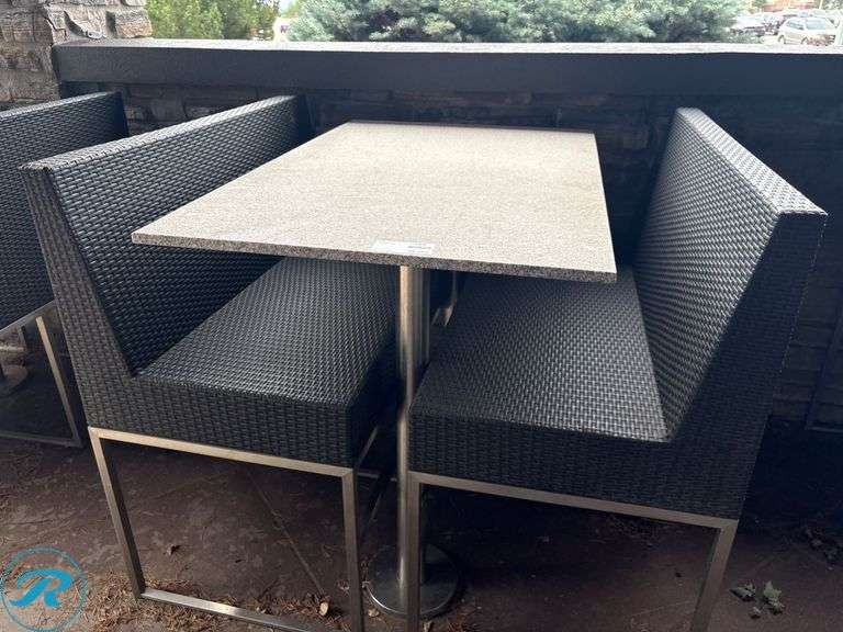 Bar Height Outdoor Dining Set with Wicker Benches and Stone Tabletop, 50” x 32” - Roller Auctions