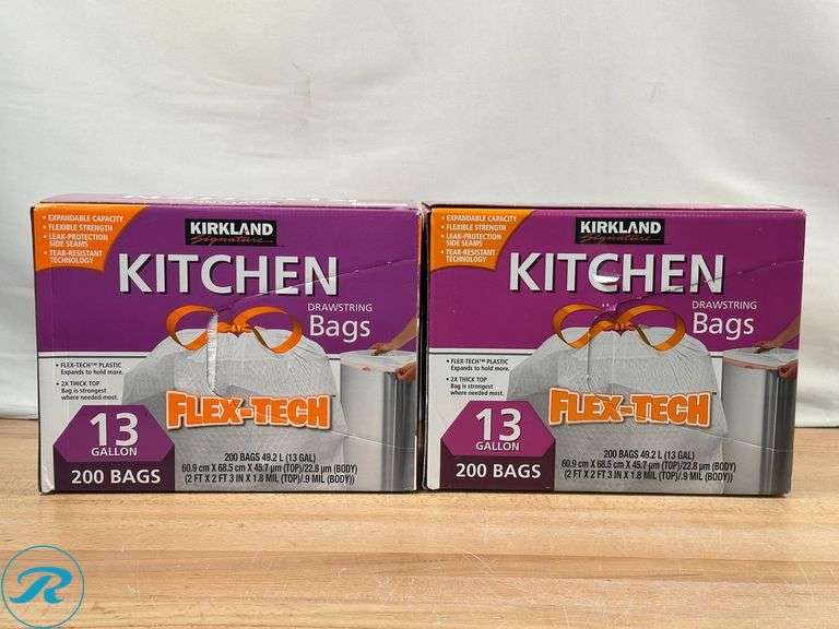 (2) Kirkland Signature Flex-Tech 13-Gallon Kitchen Trash Bag, 200-count - New - Roller Auctions