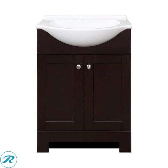 (1) Display Model- Style Selections Euro 24-in Espresso Single Sink Bathroom Vanity with White Cultured Marble Top (total of 1 vanity with top) (top has some minor damage and scratches See Photos)