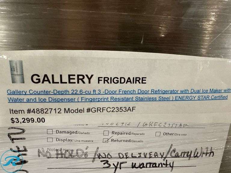 Frigidaire Gallery GRFC2353AF 22.6-Cu Ft Counter-Depth 3-Door French Door Refrigerator - Roller Auctions
