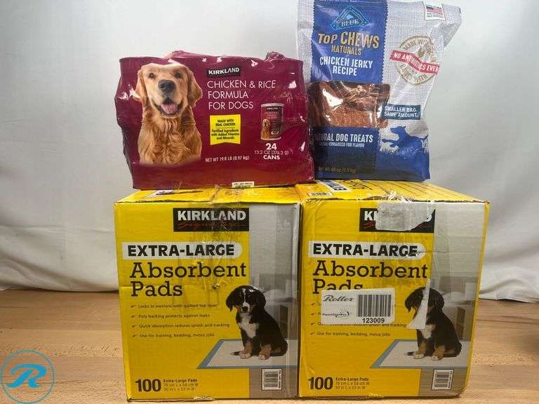 Top Chews Naturals Chicken Jerky Dog Treats 3 Lb Bag- New; Kirkland Signature Canned Dog Food, 13.2 oz, 24-count- New/ Missing Unit; Kirkland Signature Extra-Large Absorbent Pads, 30 in L X 23 in W, 100-count- New/Some Missing - Roller Auctions