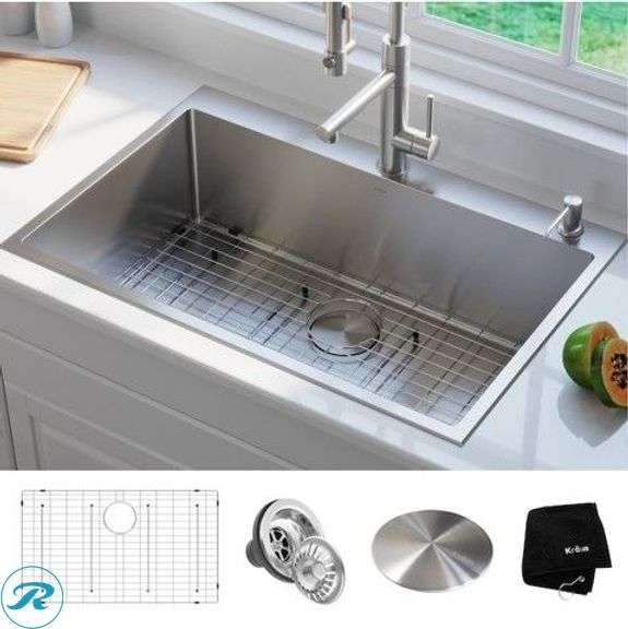 (1) New- Kraus Standart PRO Drop-in or undermount 33-in x 22-in Stainless steel Single bowl 16 -Gauge Kitchen Sink (Total of 1 Sink)