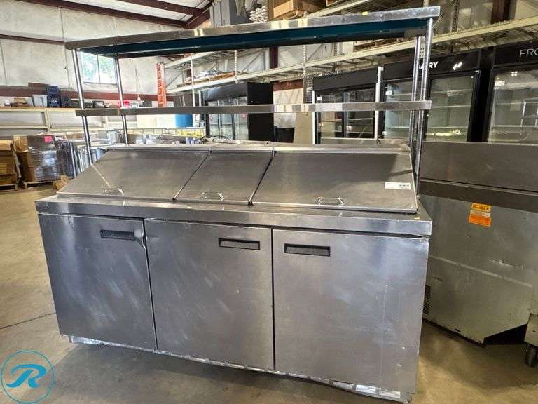 Stainless Steel Refrigerated Prep Table with Overhead Shelf and Storage