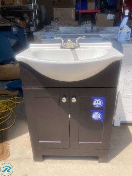 (1) Display Model- Style Selections Euro 24-in Espresso Single Sink Bathroom Vanity with White Cultured Marble Top (total of 1 vanity with top) (top has some minor damage and scratches See Photos) - Roller Auctions
