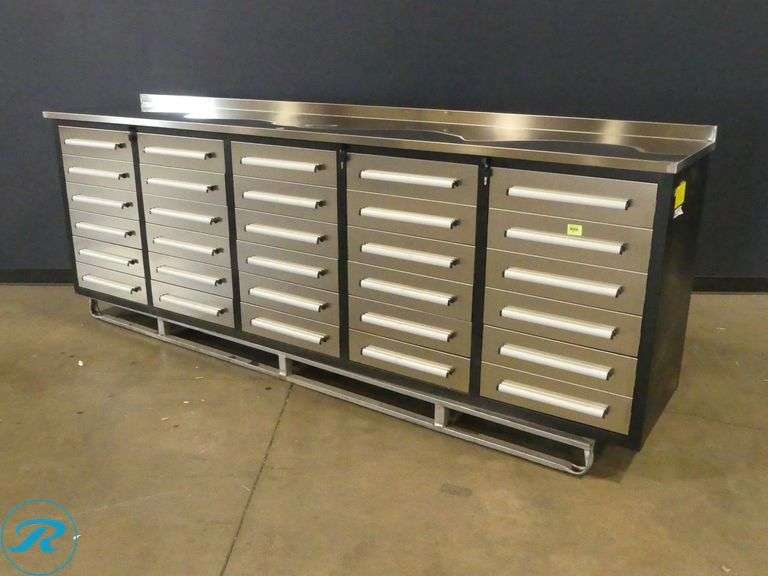 New Chery Industrial 30-Drawer Workbench, Stainless Steel, 10' - Roller Auctions